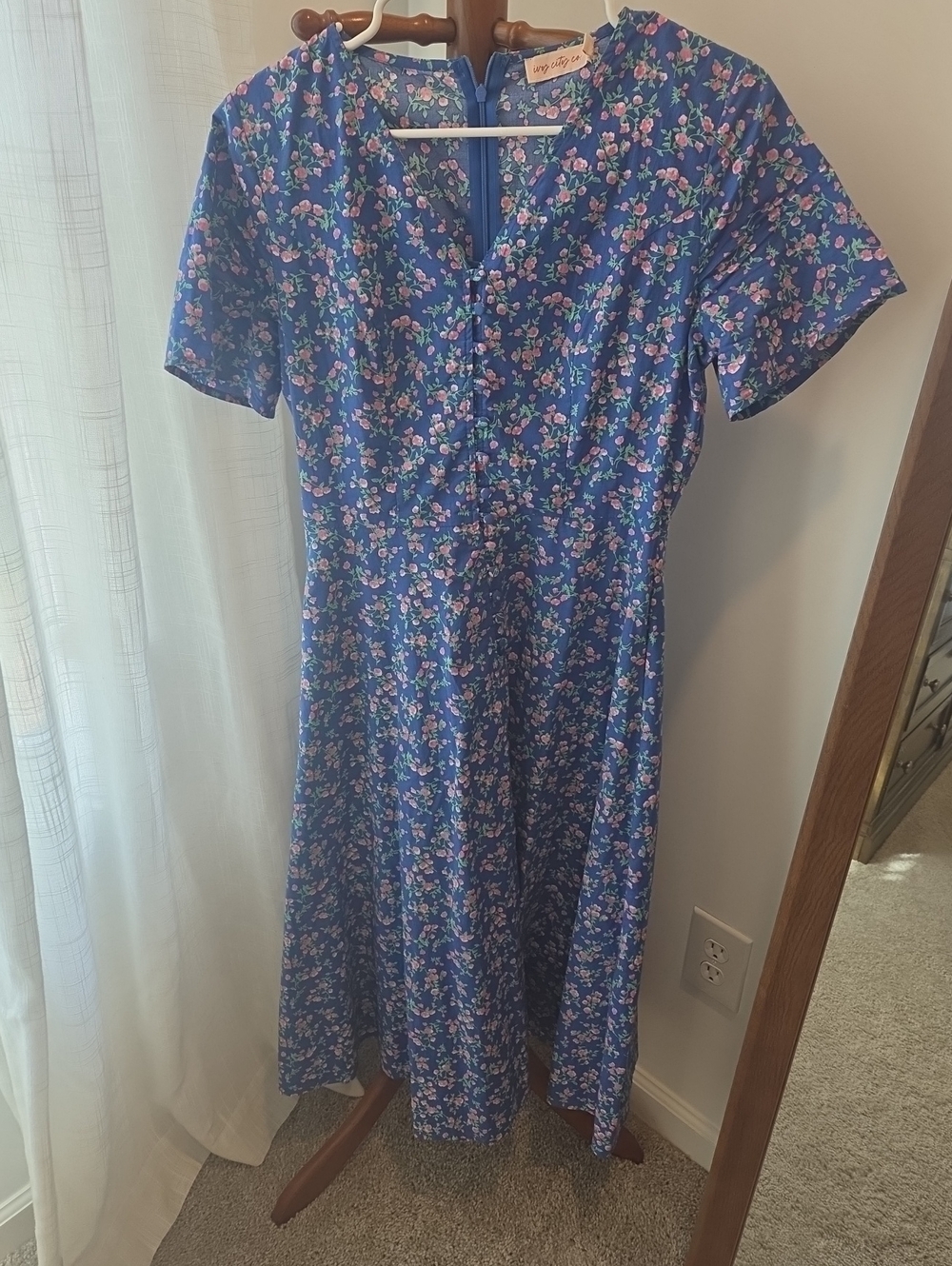 Ivy City Co Blue Floral Midi Dress with Pink & Green Accents
